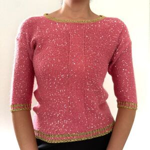 Early 2000s Vivid Collection of NY Pink & Gold Sequin Knit Sweater